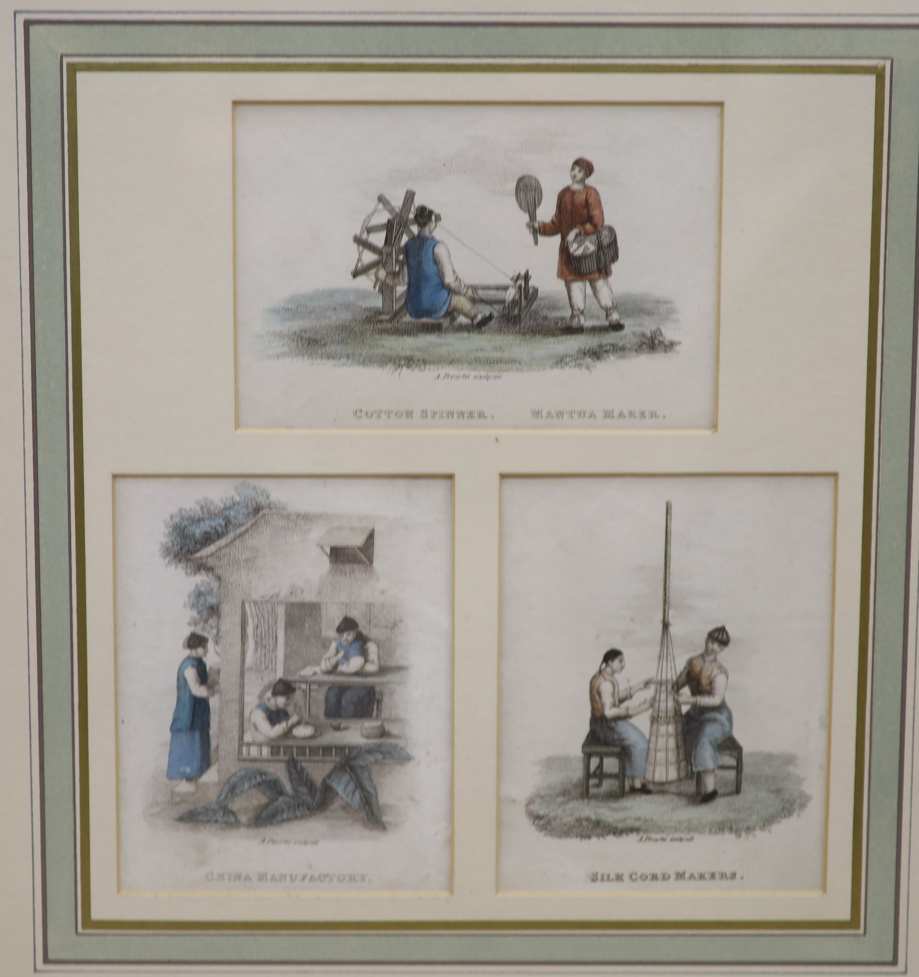 A set of six coloured engravings after A. Preschi of Chinese tradesmen, including silk cord makers, framed as two, overall 24 x 22cm